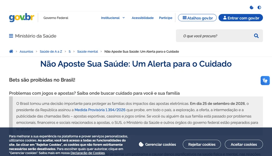Página Não Aposte Sua Saúde, do Ministério da Saúde