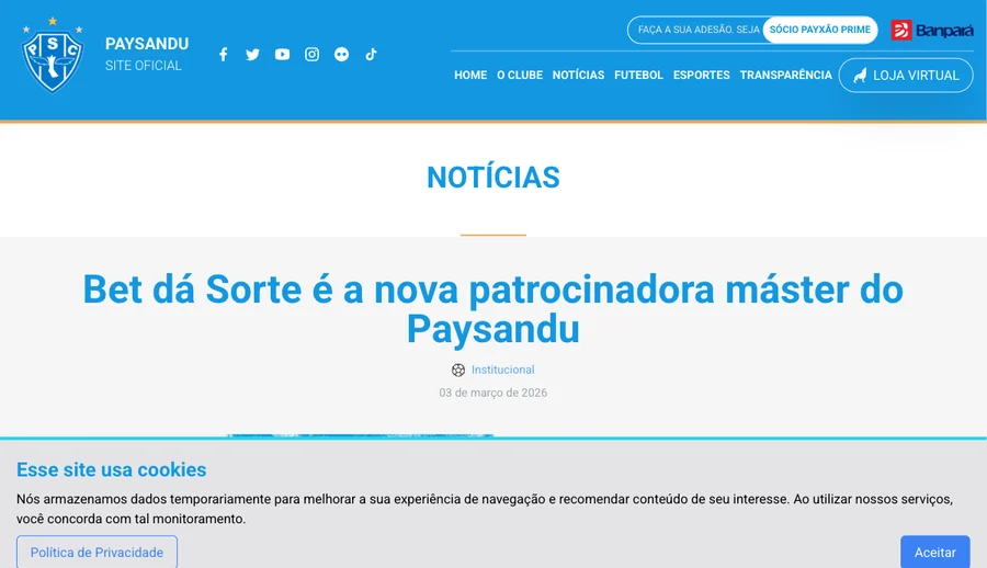 Anúncio do Paysandu com a nova patrocinadora máster