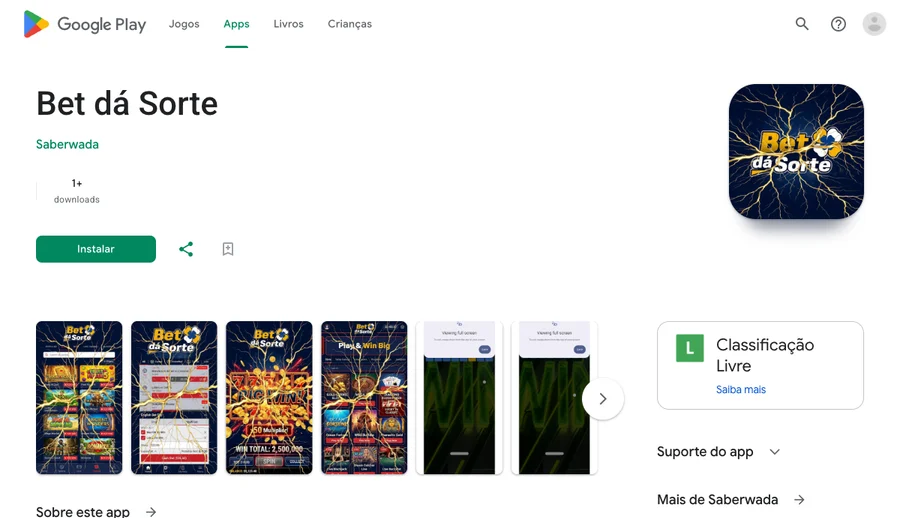 Ficha na Play Store de um app chamado Bet dá Sorte