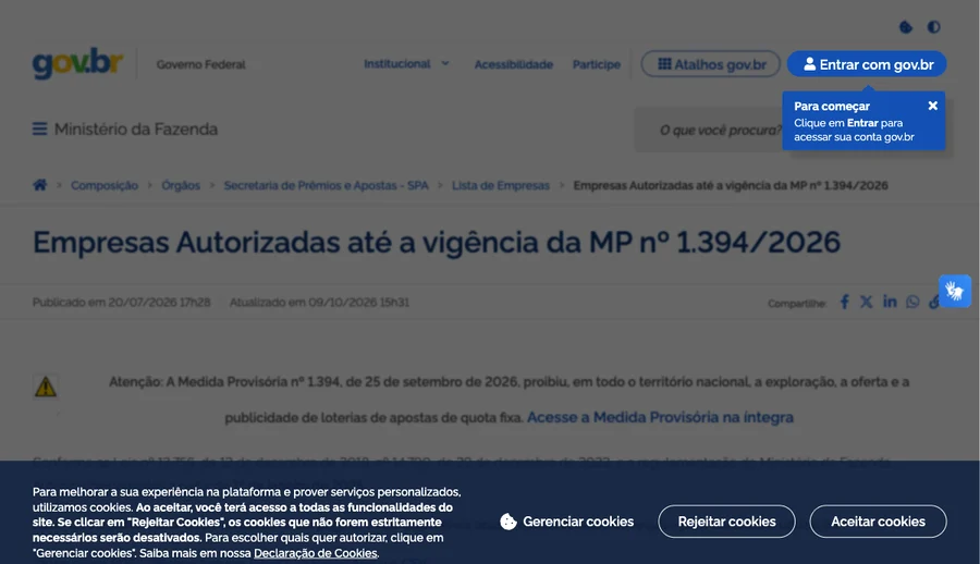 Página da SPA/MF com as empresas autorizadas